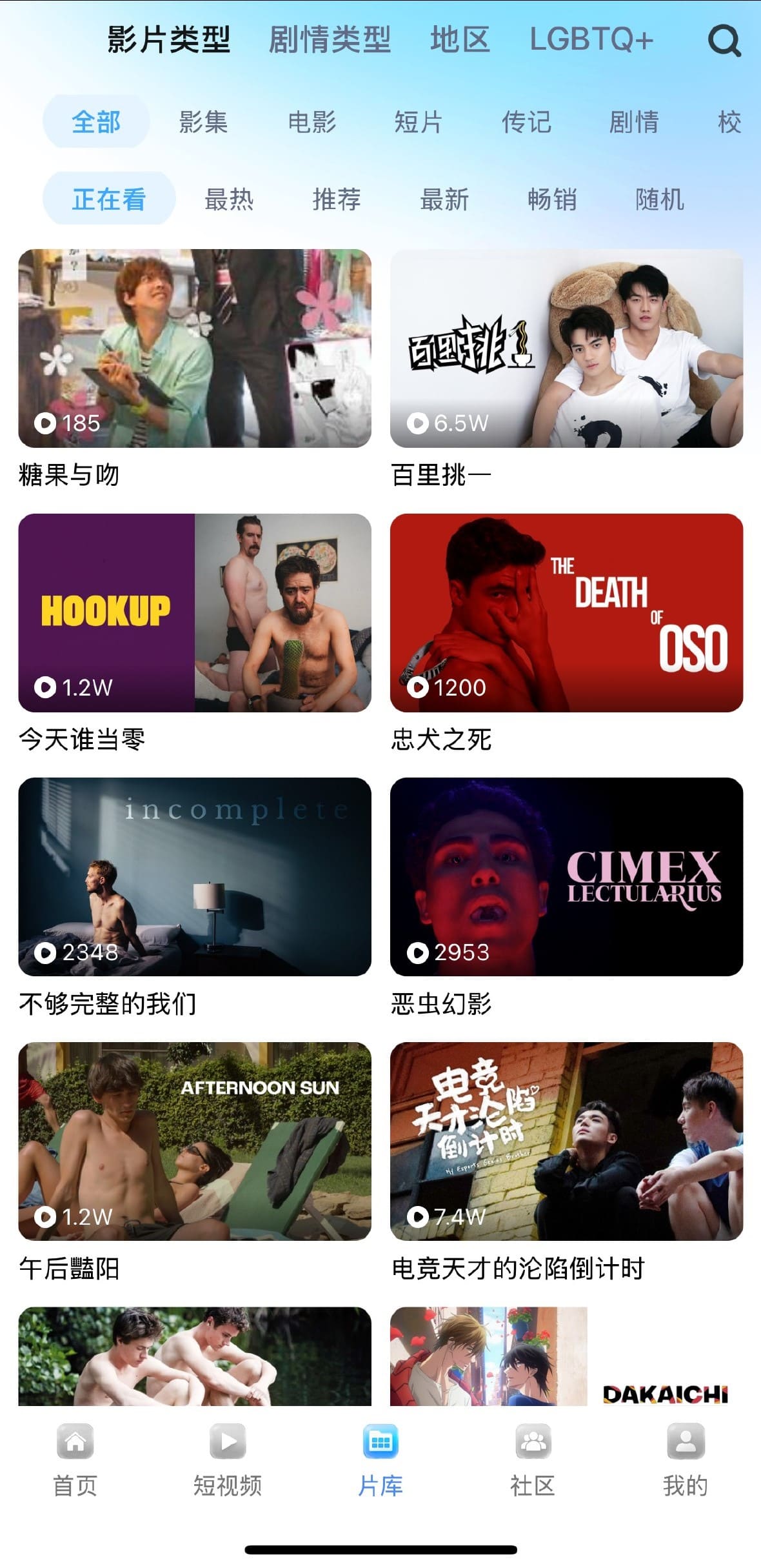 Blued官方平台片库影片类型分类导航封面展示